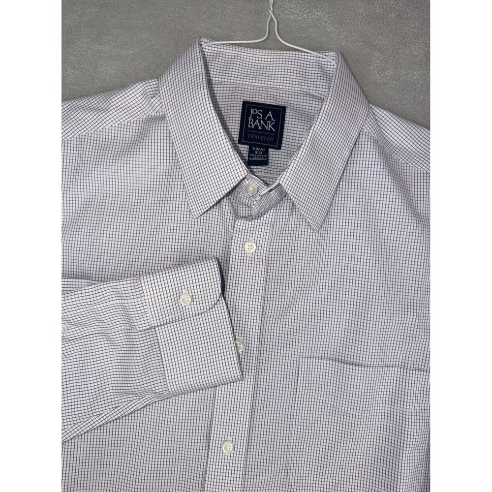 Jos. A. Bank Traveler Slim Fit Dress Shirt 16X33 Blue White Micro Check Cotton